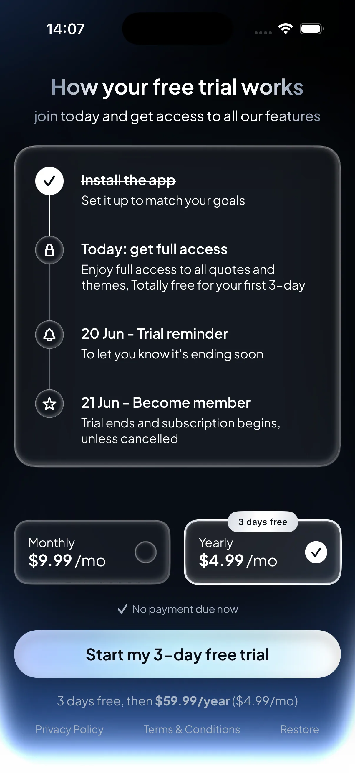 Mobile subscription paywall screenshot