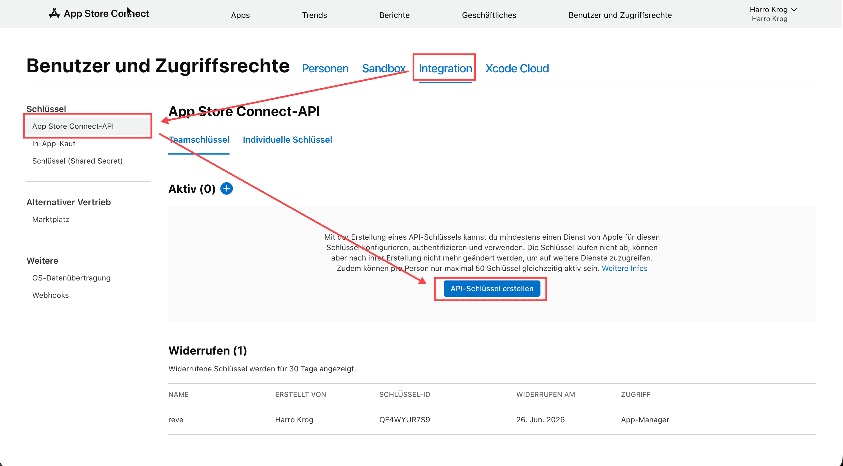 App Store Connect API keys page