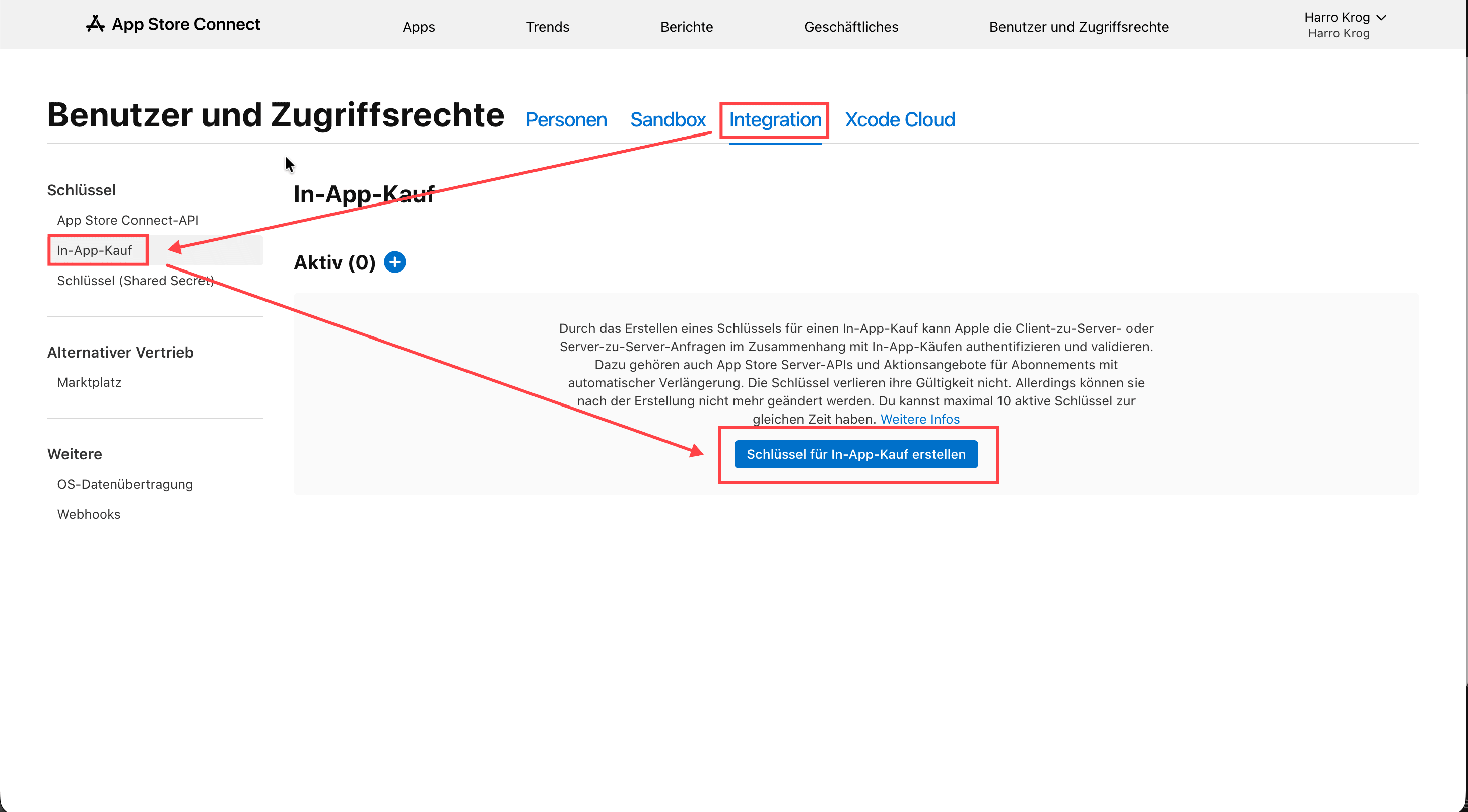 In-app purchase keys page