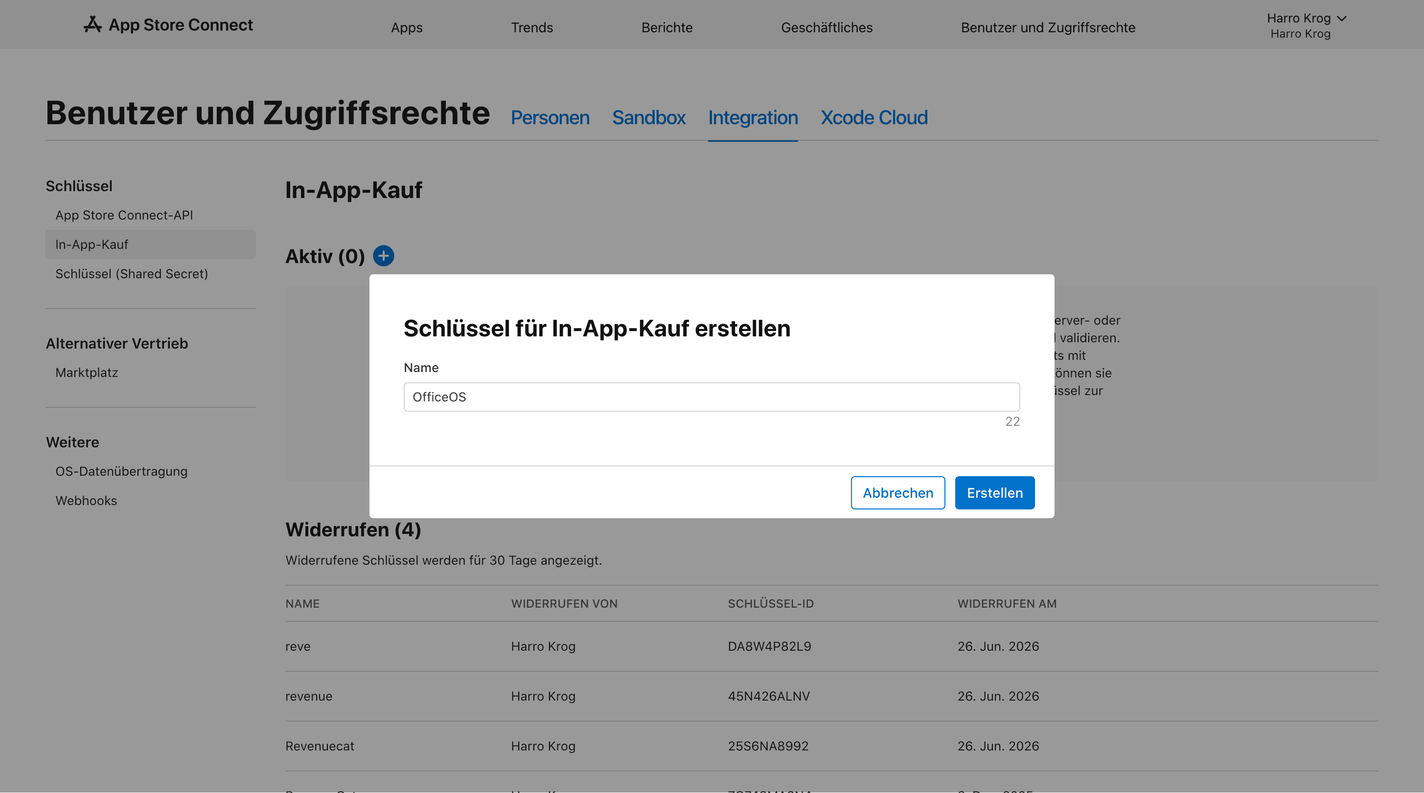 Creating an in-app purchase key