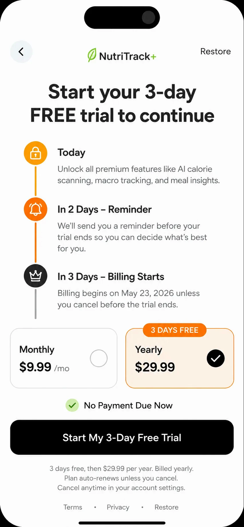 Paywall variant leading with a free trial