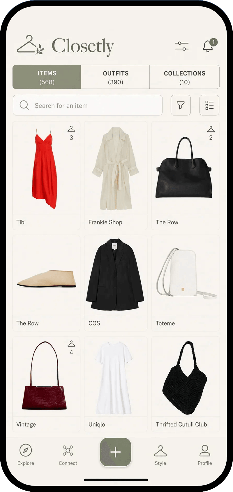 Digital wardrobe items screen