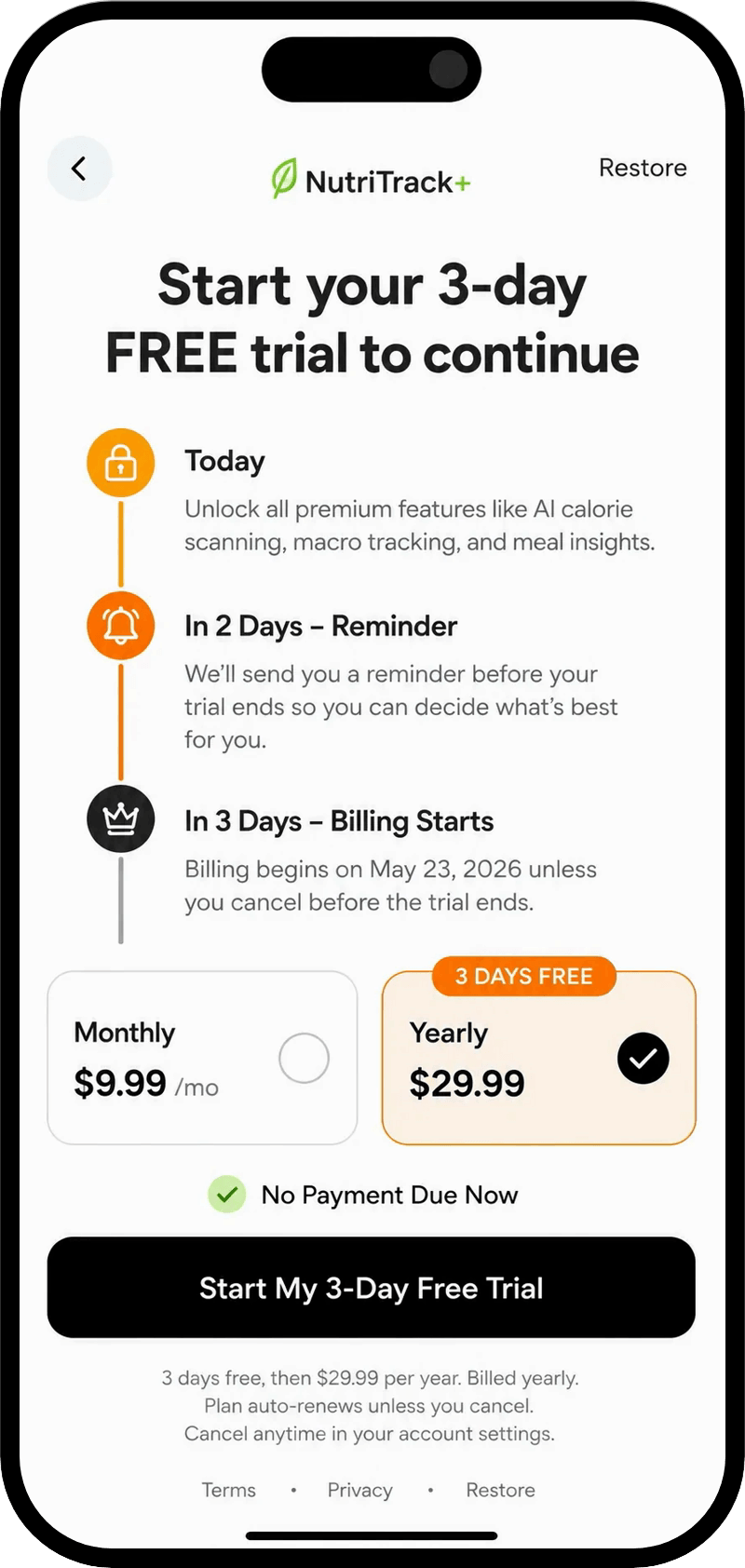 Free trial paywall screen
