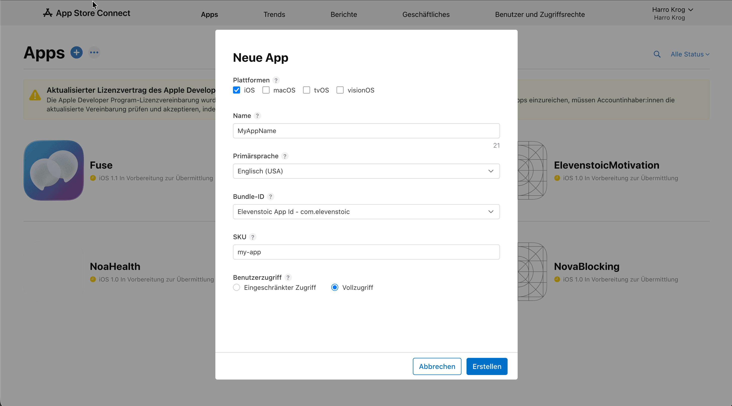 Filling in the new app details