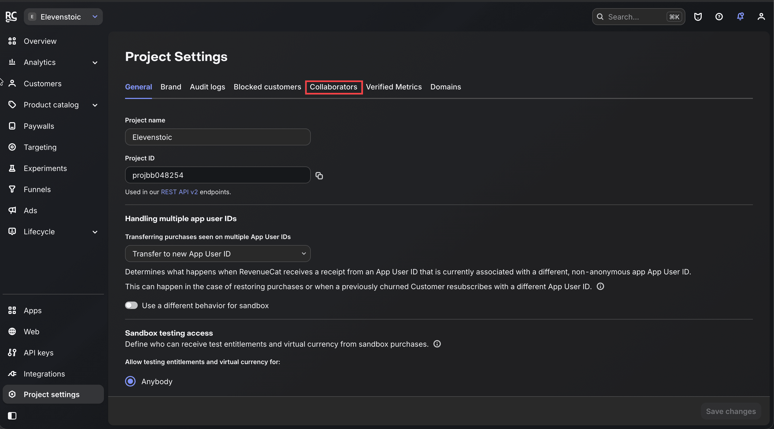 RevenueCat project settings with the Collaborators tab