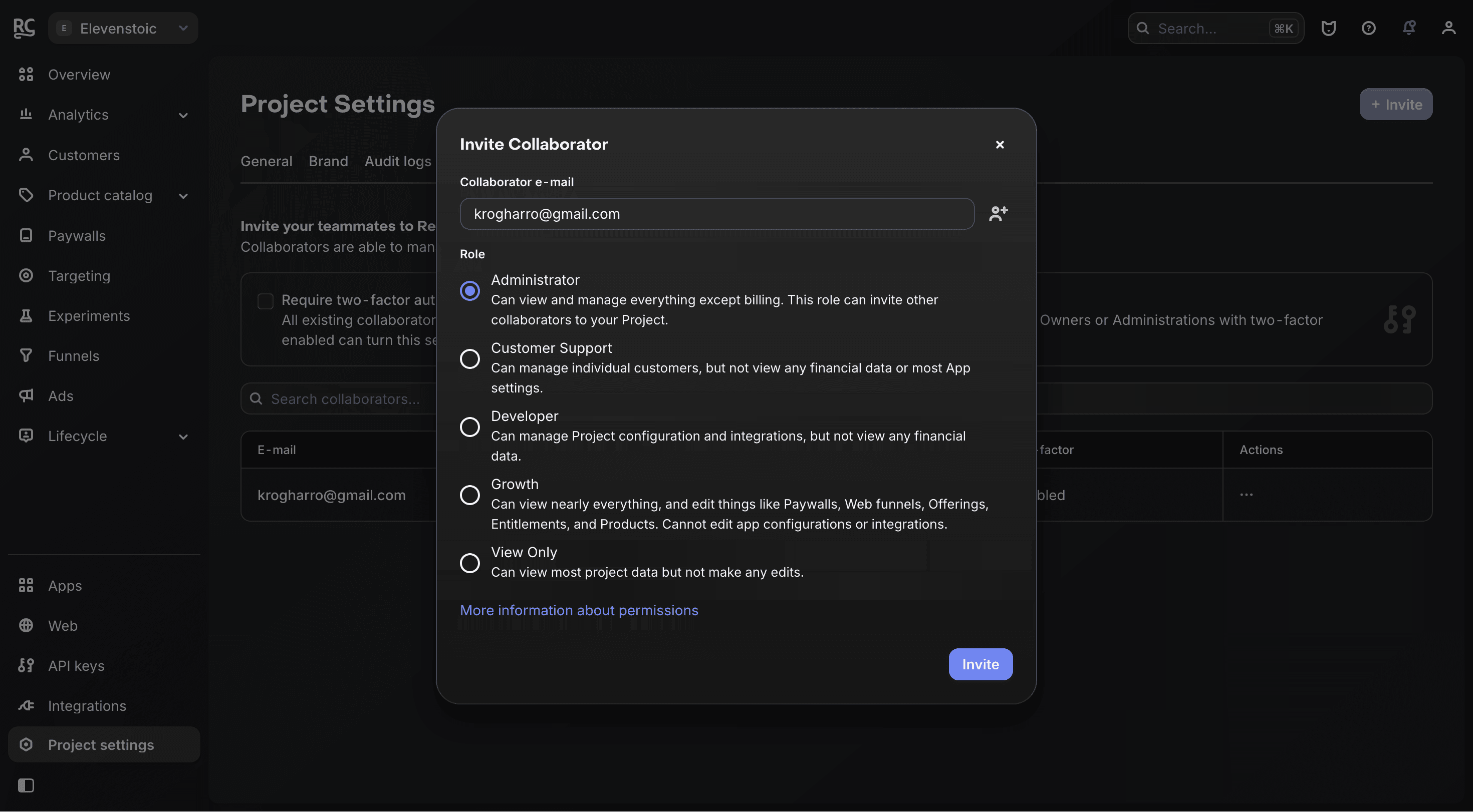 Inviting a collaborator as Administrator in RevenueCat